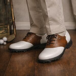 Etonic Leather Golf Shoes Men’s 8.5N White Brown Spiked Narrow Classic